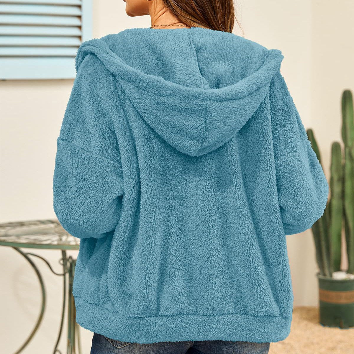 Blue hooded sherpa jacket on cute fleece sweater with long sleeve zipper and loose fit