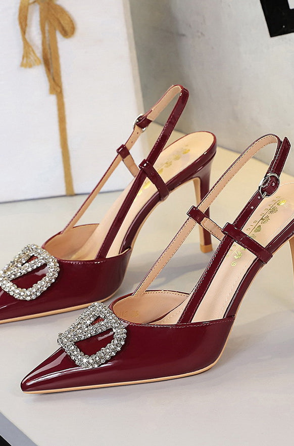 Classy High Heels: burgundy patent leather sandals with rhinestone buckle