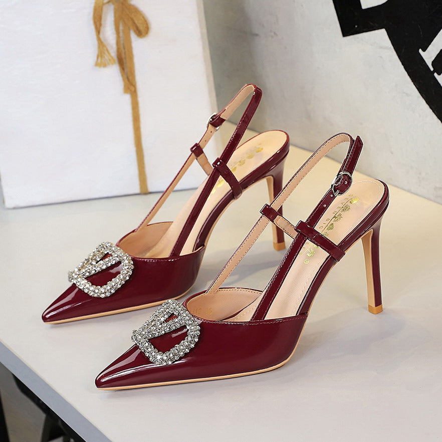 Classy High Heels: burgundy patent leather sandals with rhinestone buckle