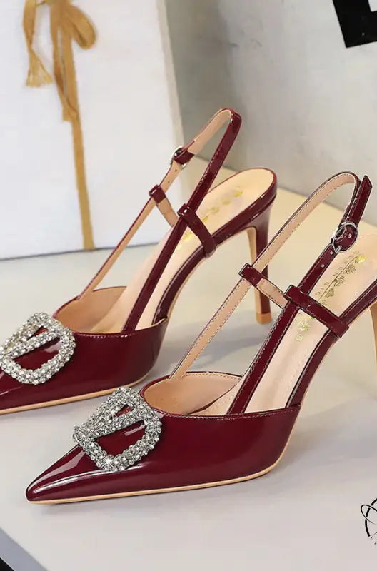 Classy high heels: burgundy patent leather sandals with rhinestone buckle, langry fashion