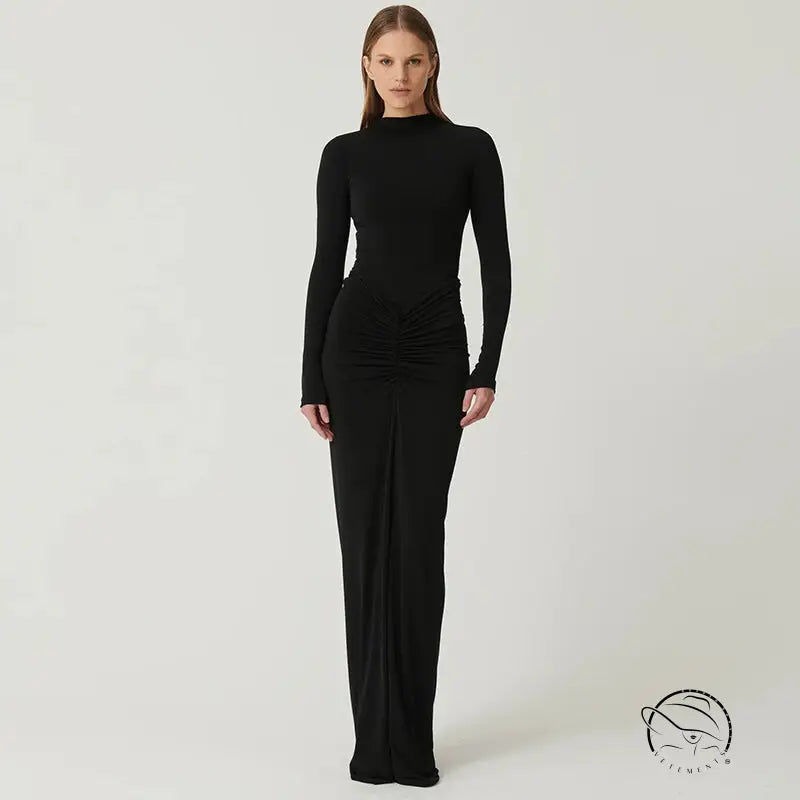 Elegant slimming beam waist long-sleeved black maxi dress in fashion