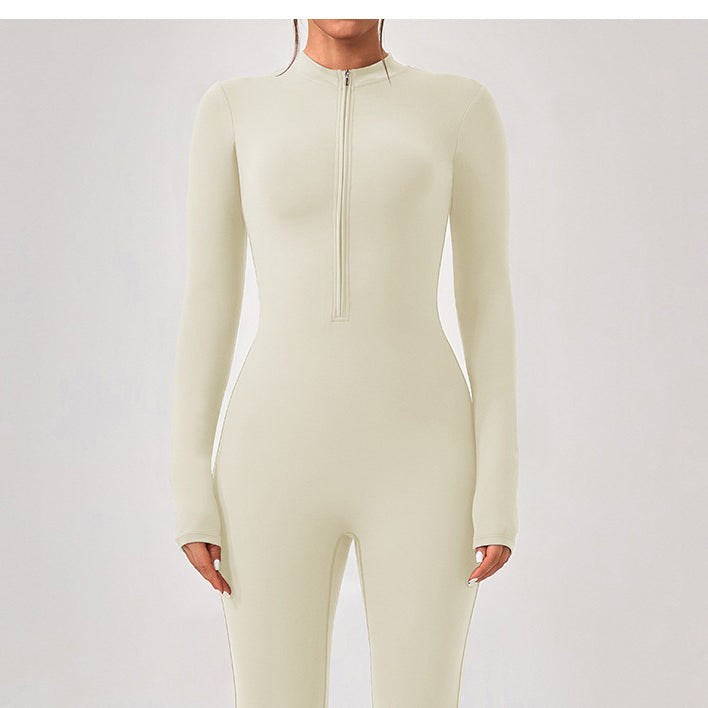 Cream-colored long-sleeve bodysuit featuring front zipper, perfect for stylish ملابس langry