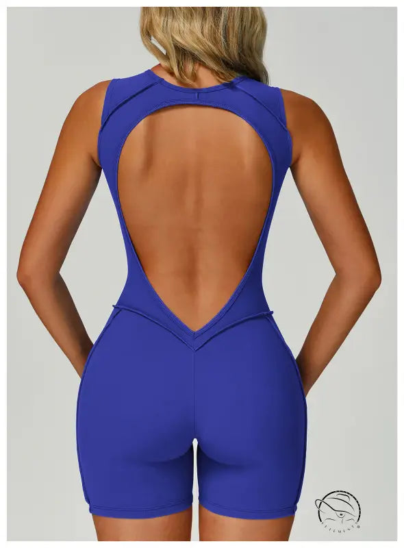 Royal blue sleeveless langry fashion romper with open back and high-waisted shorts