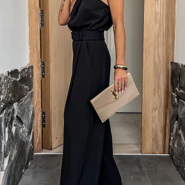 Black halter jumpsuit from Langry, perfect for summer casual fashion with pockets