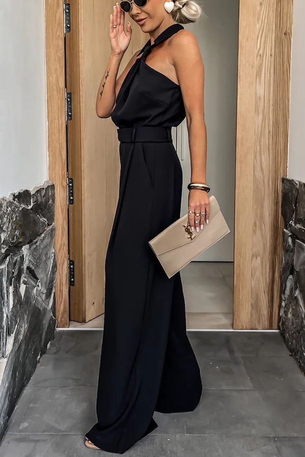 Black halter jumpsuit from Langry, perfect for summer casual fashion with pockets