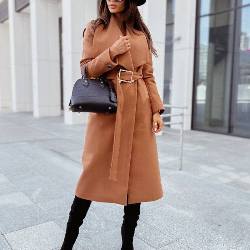 Elegant button coat featuring long sleeve button design, brown belted woolen fabric