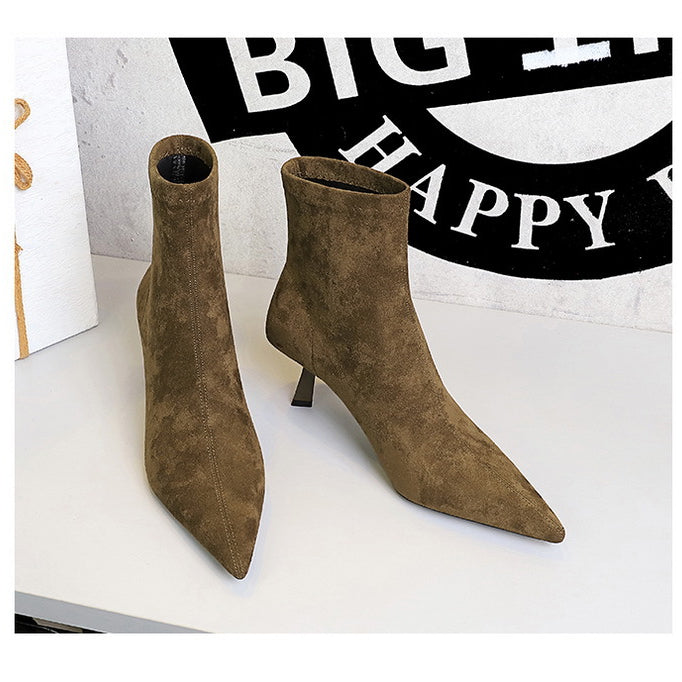Langry fashion brown suede ankle boots with pointed toes and low heels