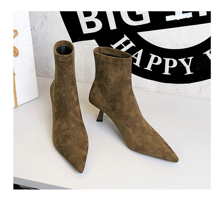 Langry fashion brown suede ankle boots with pointed toes and low heels