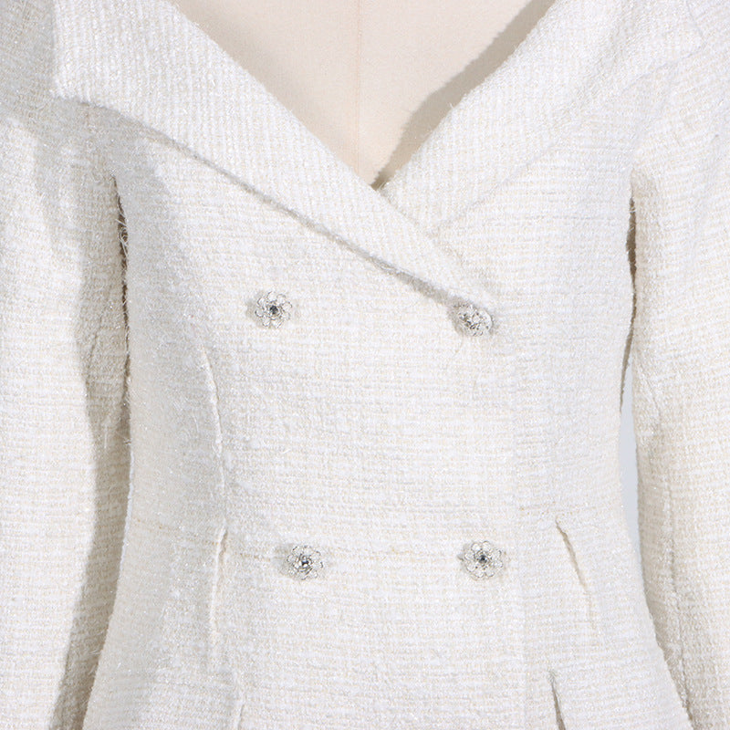 Elegant white tweed dress with decorative buttons, perfect for fashion and ملابس enthusiasts