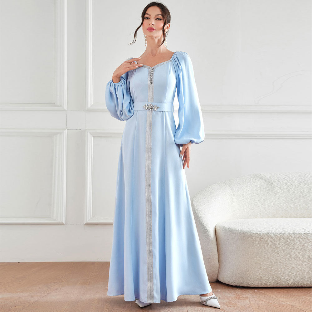 Elegant langry high waist light blue satin fashion gown with bell sleeves and beaded neckline