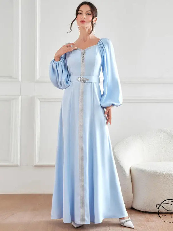 Elegant langry fashion light blue satin gown with bell sleeves and beaded neckline