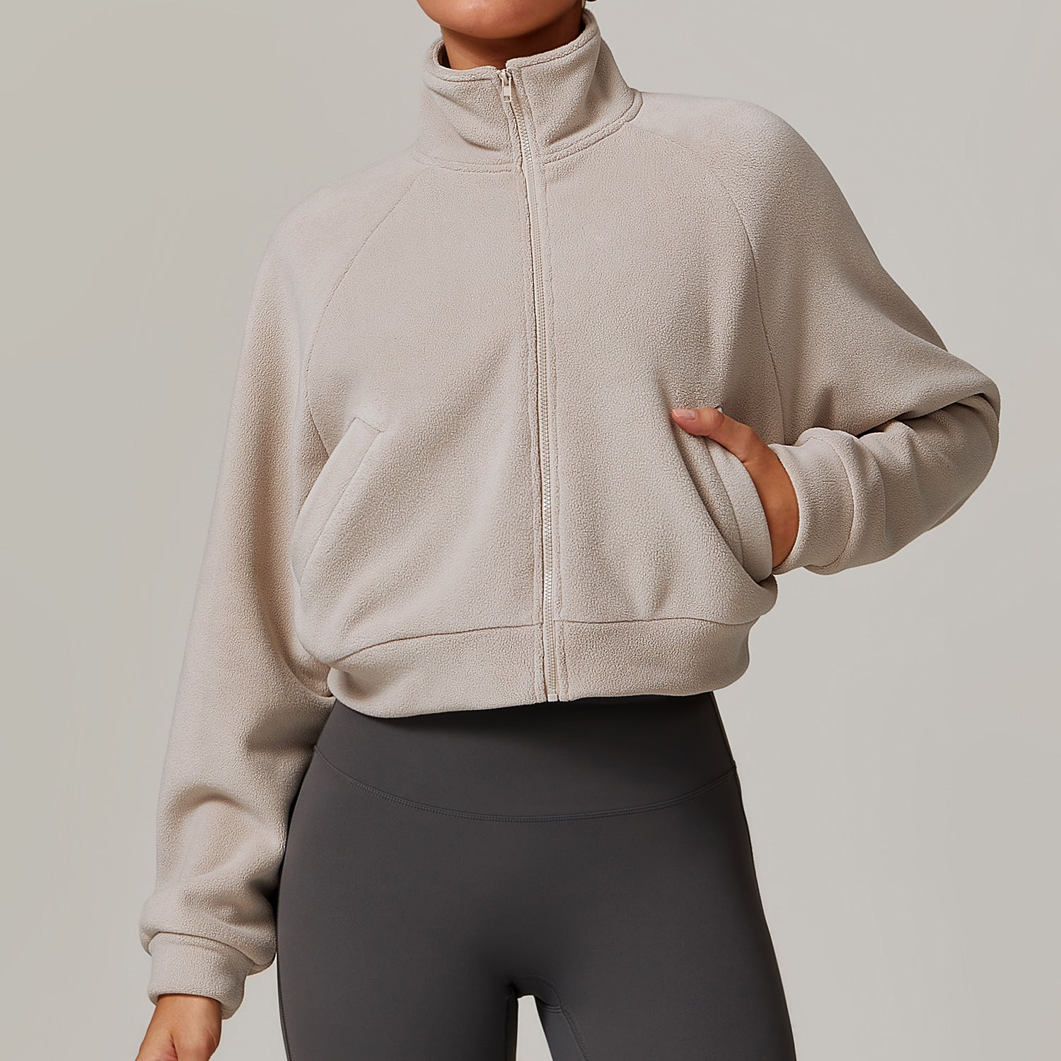 Beige zip-up cropped sweatshirt with high collar in Langry fashion for fitness wear