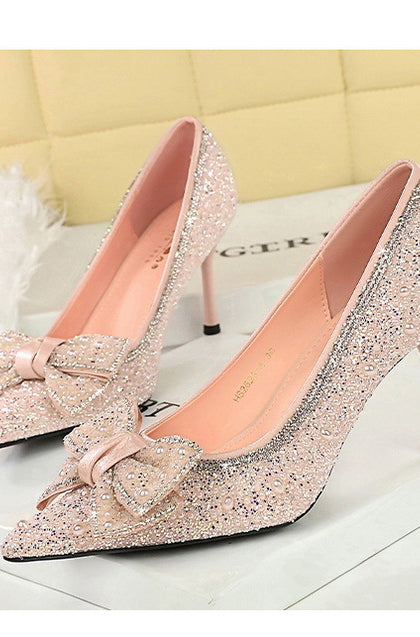 Glittery pink Langry fashion stiletto pump with bowknot rhinestone detail