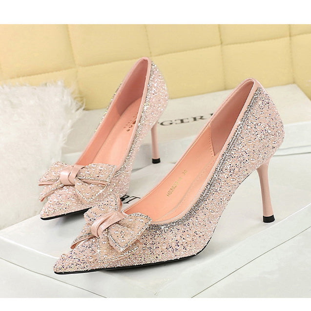 Glittery pink Langry fashion stiletto pump with bowknot rhinestone detail