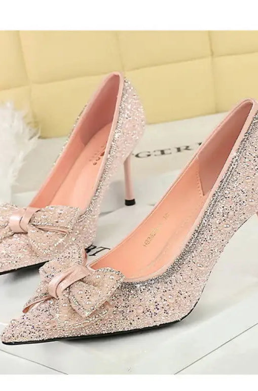 Glittery pink Langry fashion stiletto pump with bowknot rhinestone detail