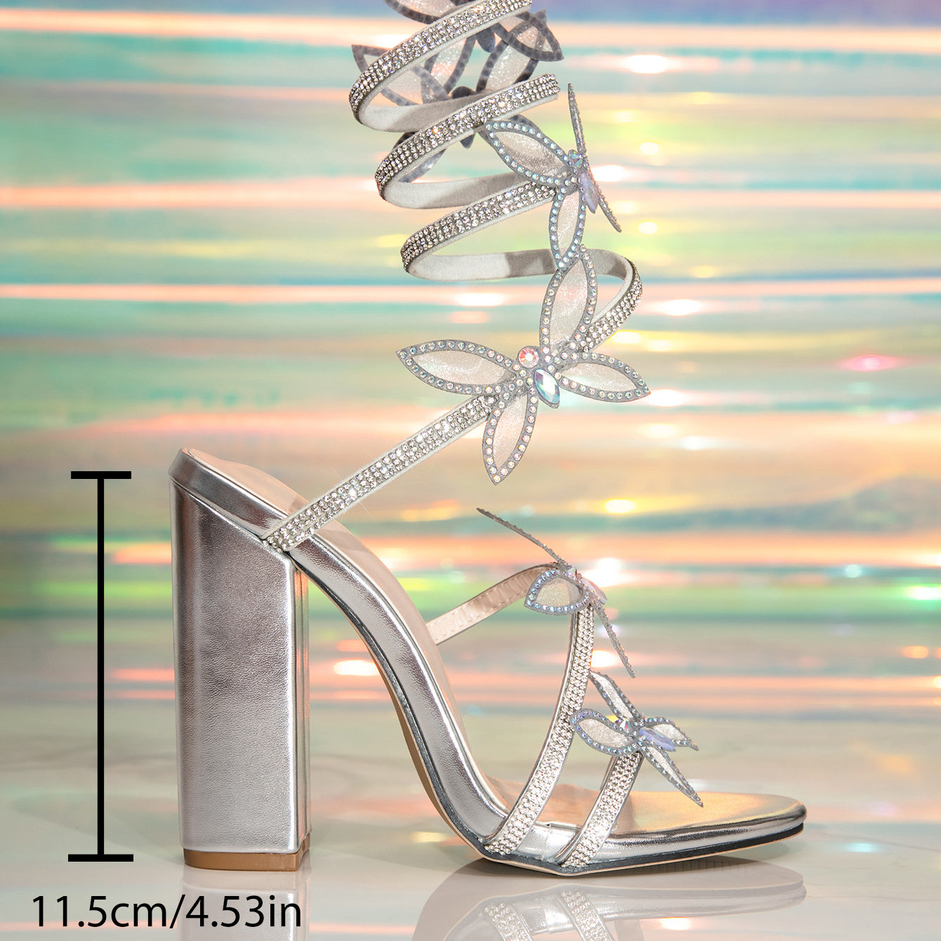 Langry fashion silver one-strap open toe rhinestone high heel sandal with floral embellishments and chunky heel