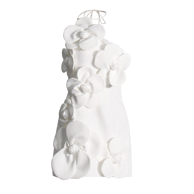 Elegant white floral-embellished French Floral Splicing Design Dress showcasing sophisticated fashion and ملابس