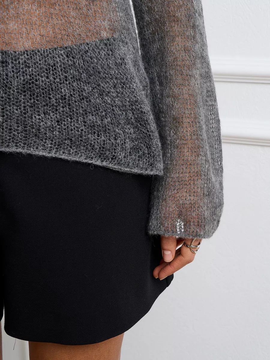 Gray knit Loose Wool Knitted Blouse paired with a black skirt showcases stylish fashion ملابس