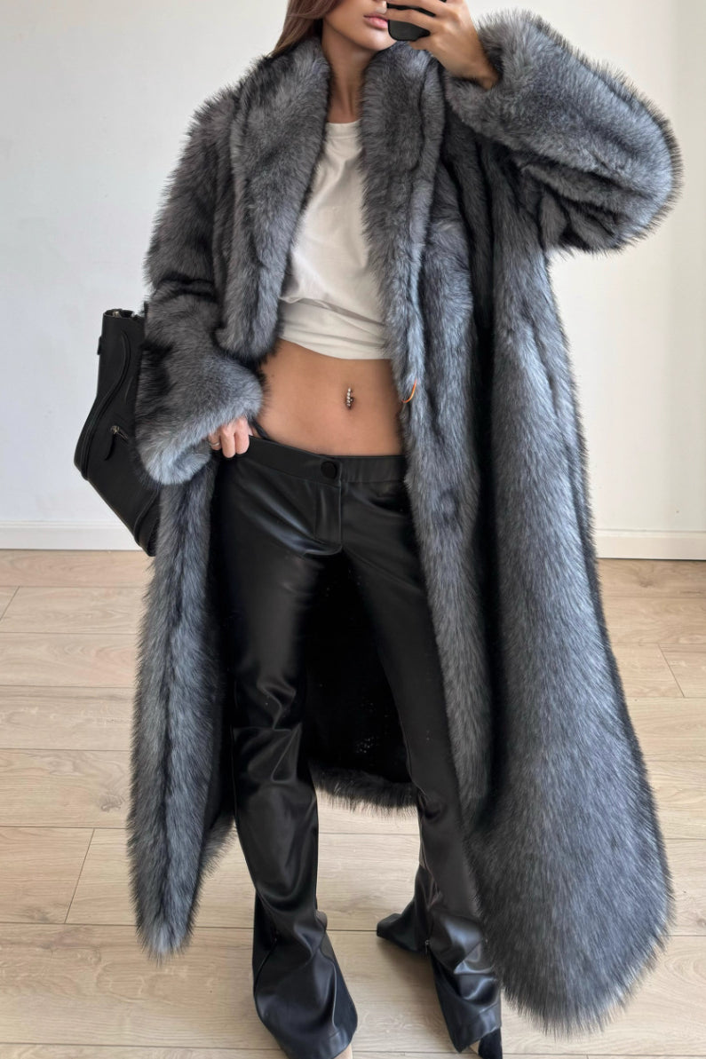 Elegant Cozy Fox Fur Coat in plush long gray faux fur fashion