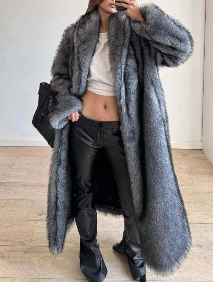 Elegant Cozy Fox Fur Coat in plush long gray faux fur fashion