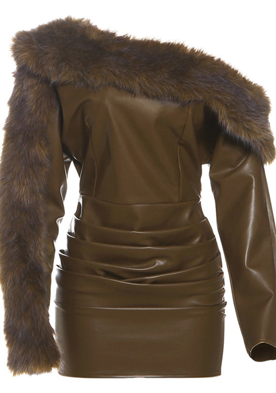 Langry olive green faux leather off-shoulder dress with fur trim, fashion ملابس