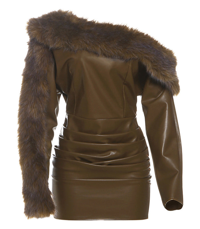 Langry olive green faux leather off-shoulder dress with fur trim, fashion ملابس
