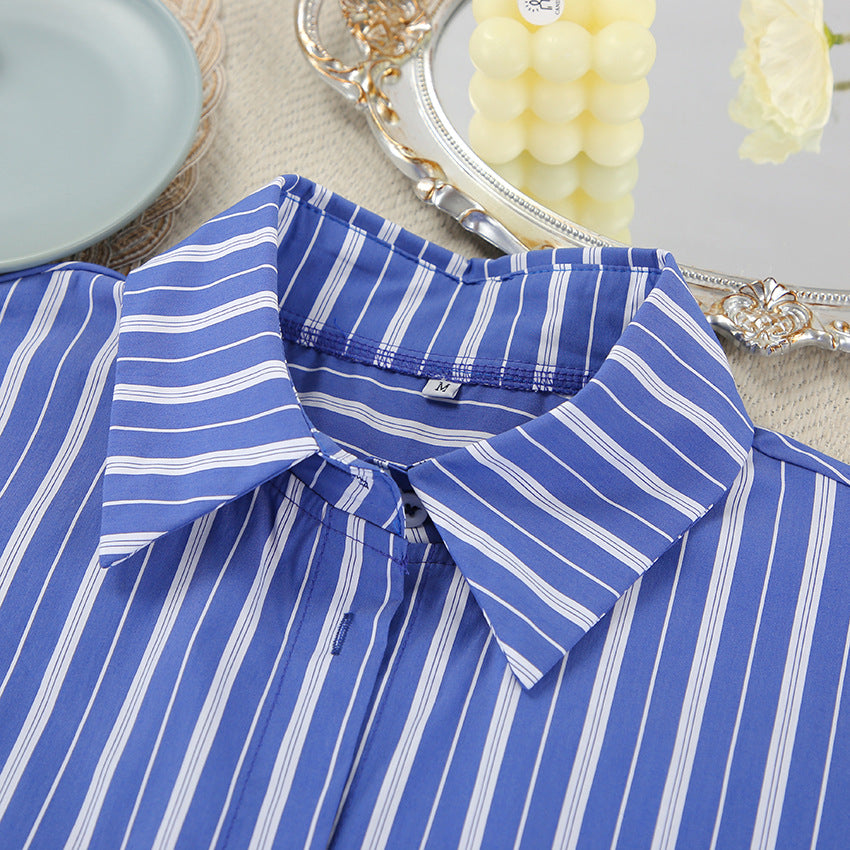 Blue and white striped collared shirt from Spring Summer Striped Printed Loose Long Sleeves Shorts Pajamas Suit for women’s fashion and ملابس