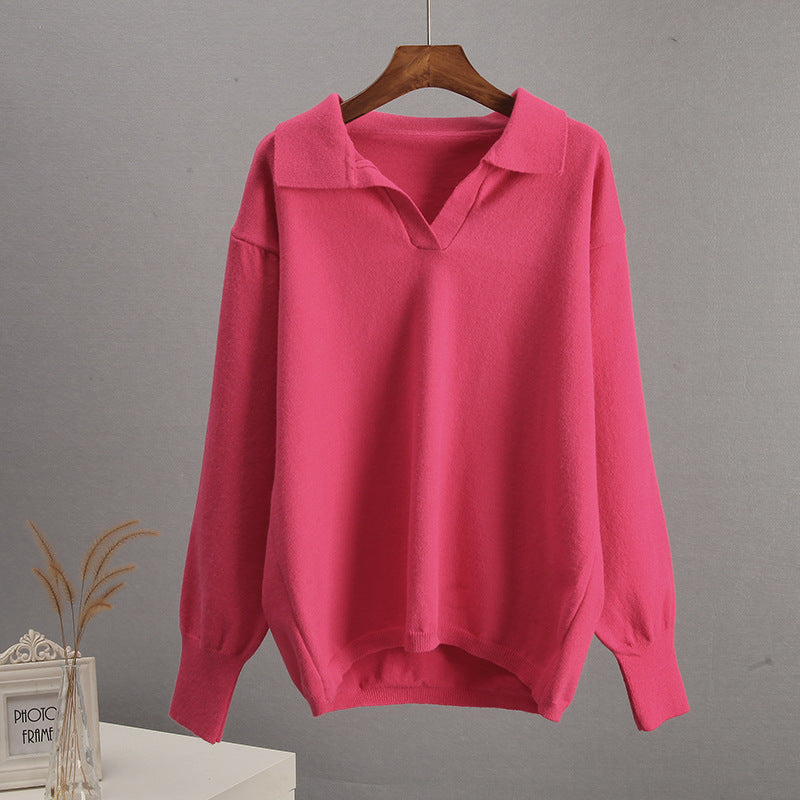 Loose-fitting bright pink long-sleeved polo shirt with V-neck for fashionable ملابس and langry style