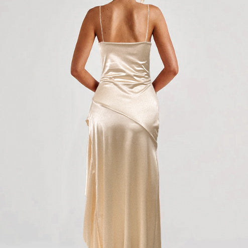 Langry champagne satin formal dress with ruched bodice