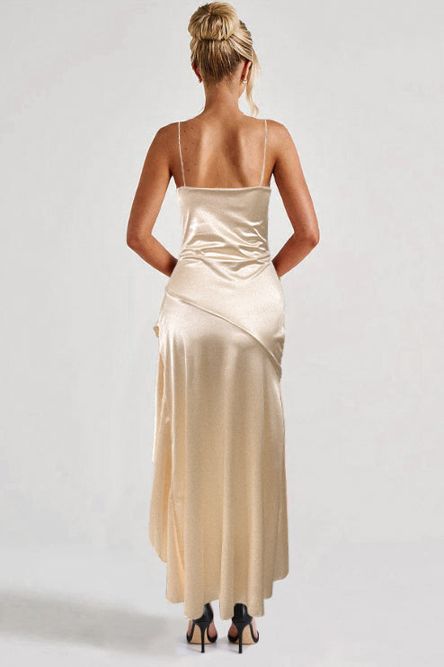 Langry champagne satin formal dress with ruched bodice