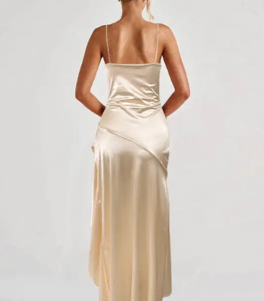 Champagne satin langry formal dress with ruched bodice and high-low hem