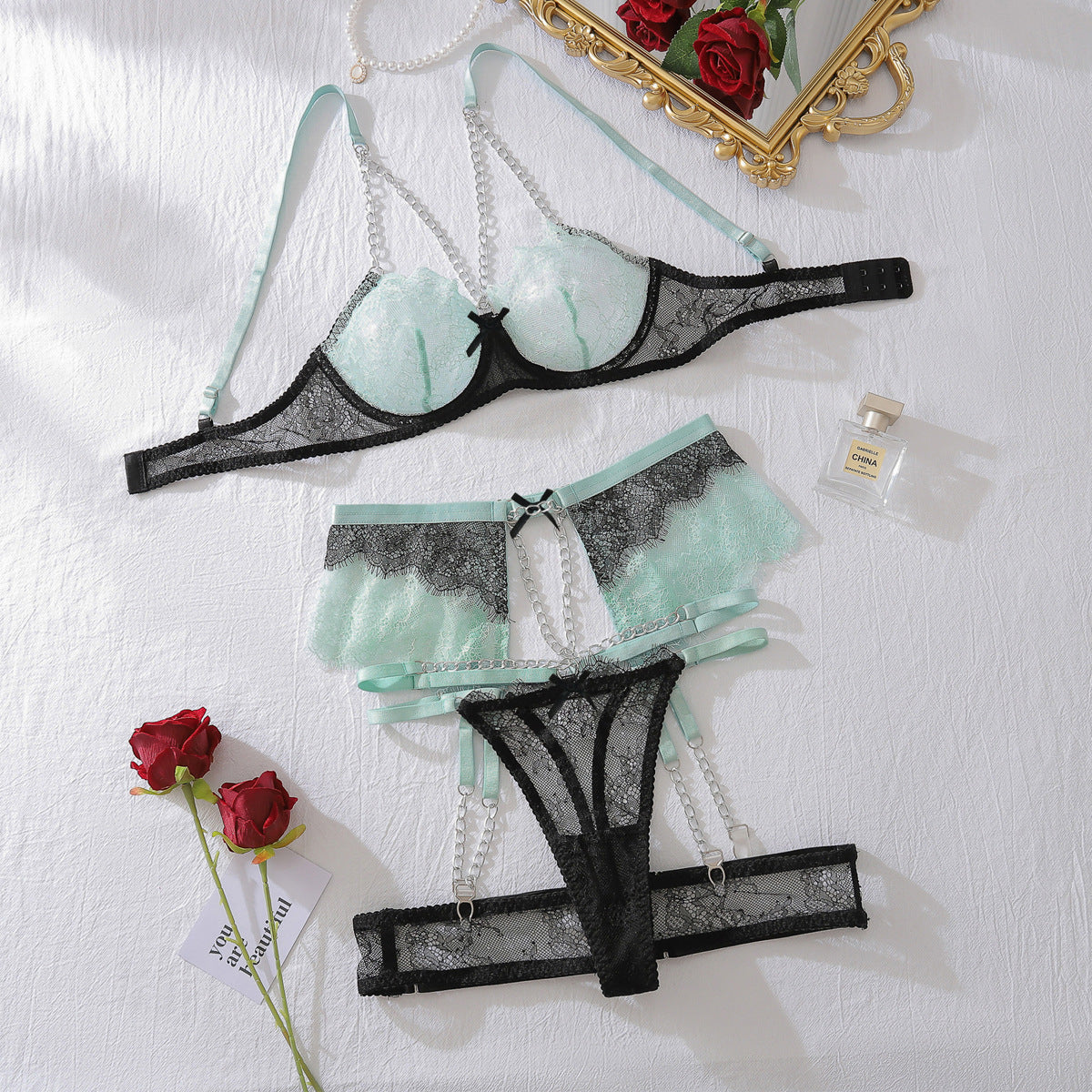 Mint green lace lingerie with heavy craft chain and pearl accents