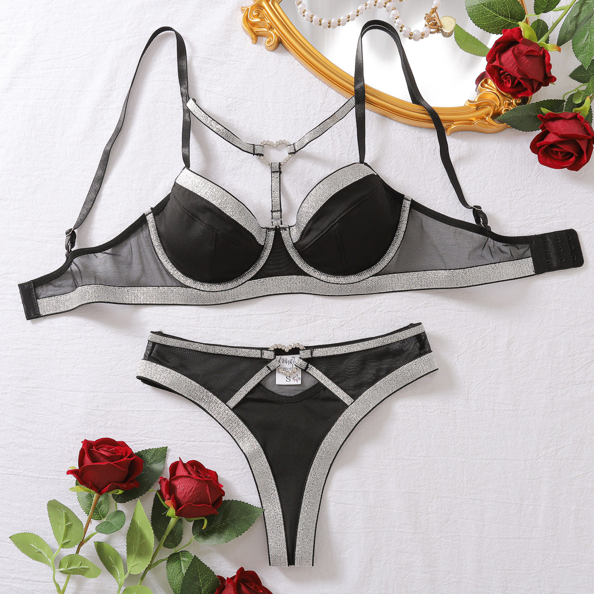 Summer Contrast Color Push Up Bra Set Love Ring Buckle Mesh See Through Underwear Two Piece
