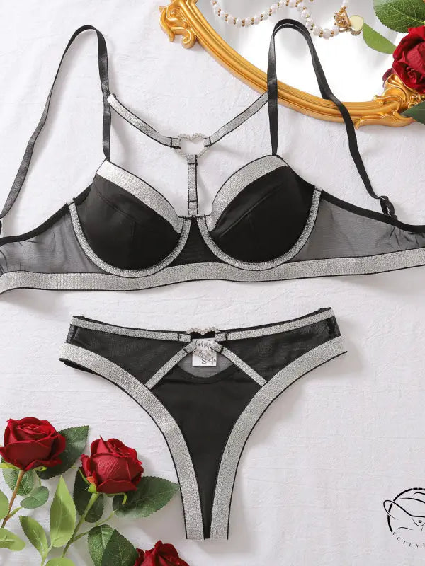 Black and silver love ring buckle bra set with mesh plunge neckline