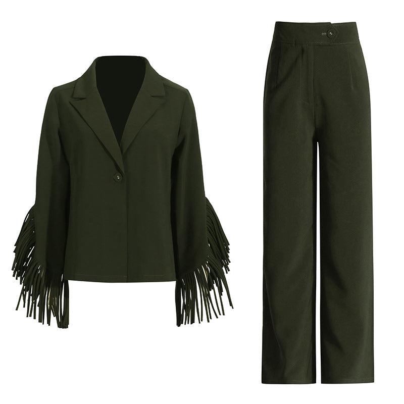 Olive green fringe-sleeved suit from Casual Office Summer Long Sleeve Tassel Set