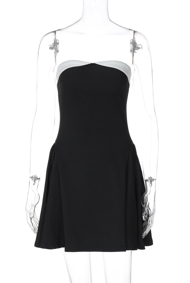 Strapless black mini dress with a flared skirt for elegant fashion and stylish ملابس