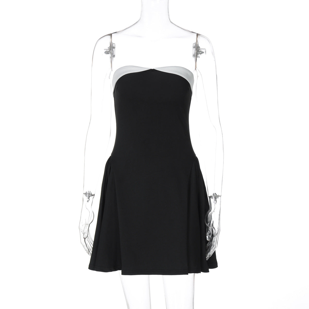 Strapless black mini dress with a flared skirt for elegant fashion and stylish ملابس