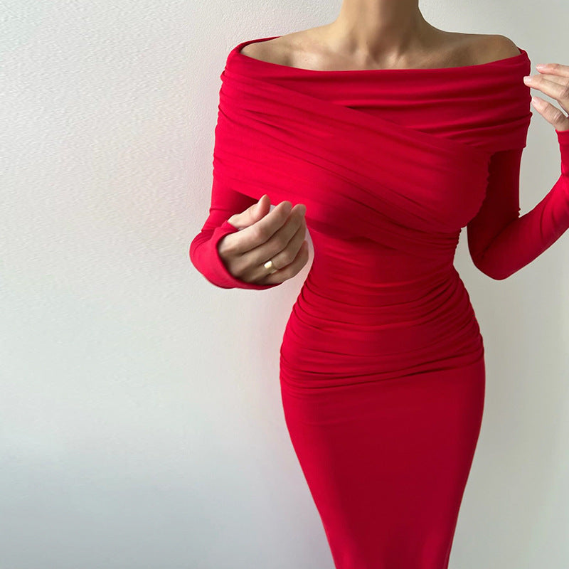 Elegant Retro Red Dress highlighting a stylish red off-the-shoulder design for fashion lovers