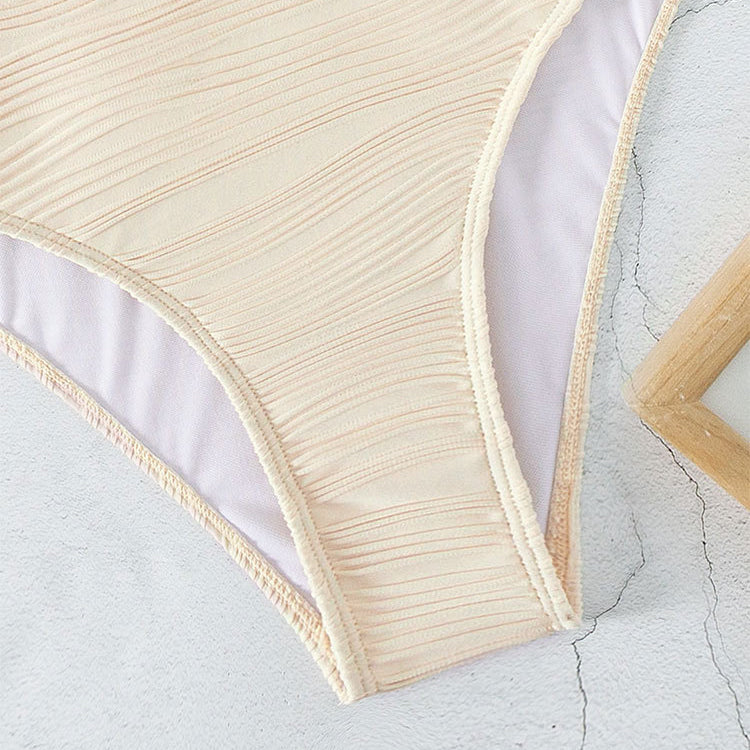 Beige textured swimsuit bottom for women, part of solid color push one piece swimsuit