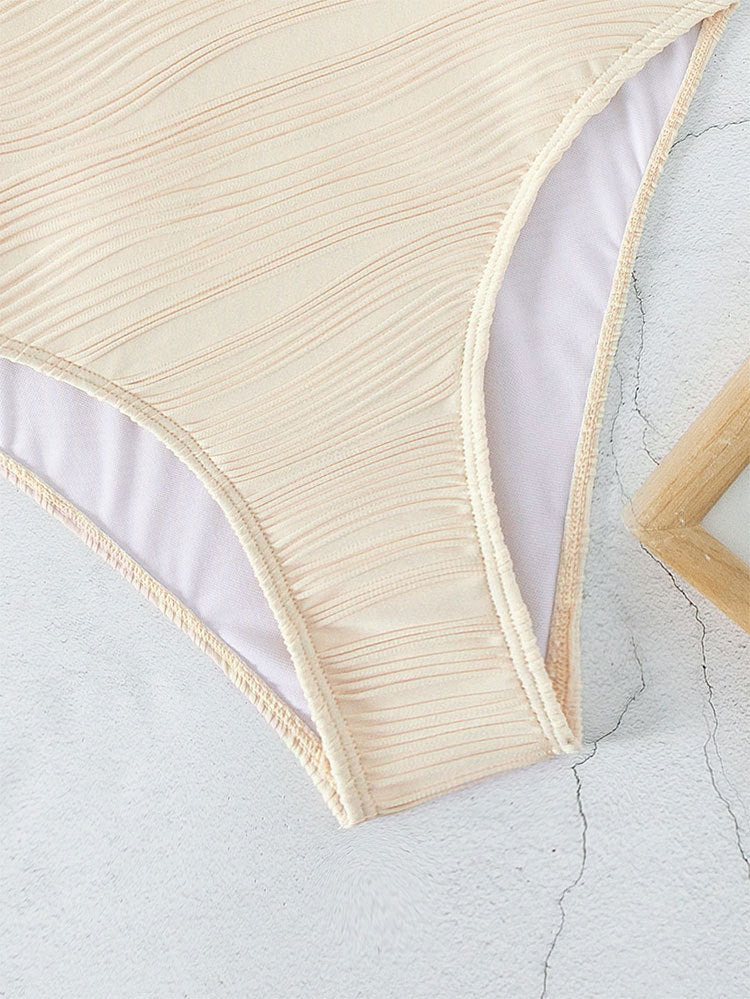 Beige textured swimsuit bottom for women, part of solid color push one piece swimsuit