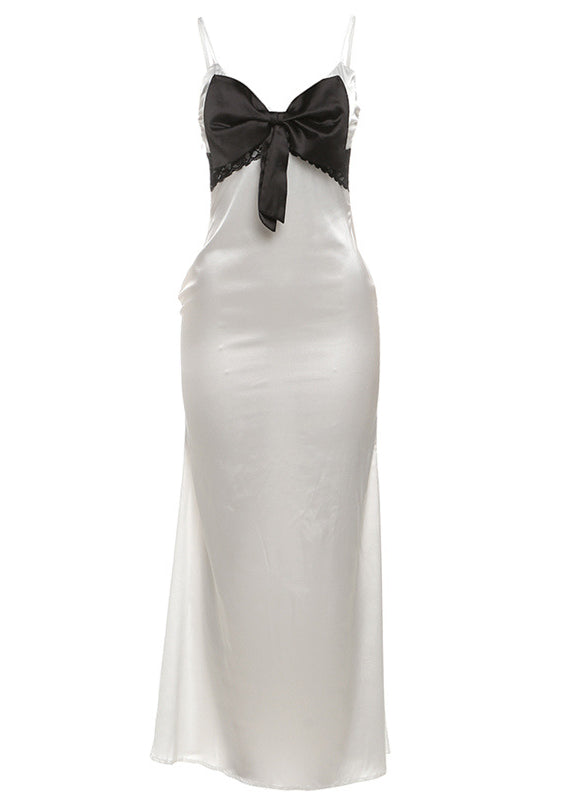 Elegant langry white satin slip dress with black lace and bow