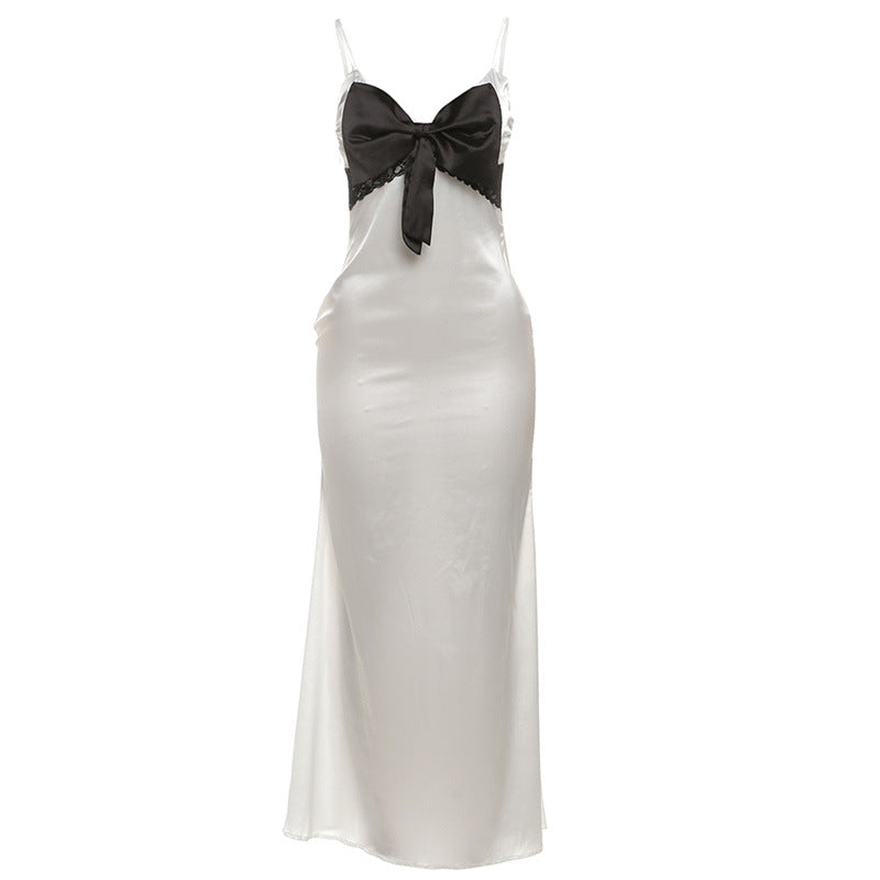 Elegant langry white satin slip dress with black lace and bow