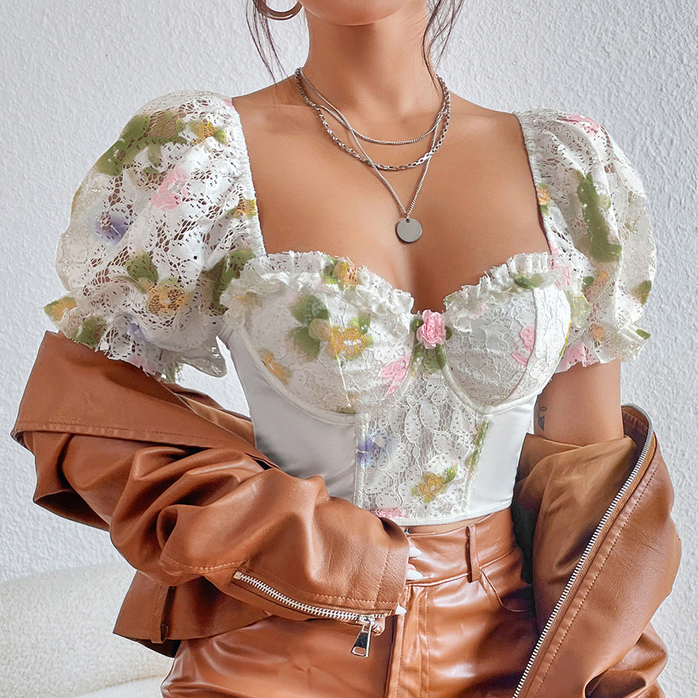 Floral Backless Puff Sleeve Corset with Steel Ring Boning paired with a brown leather jacket