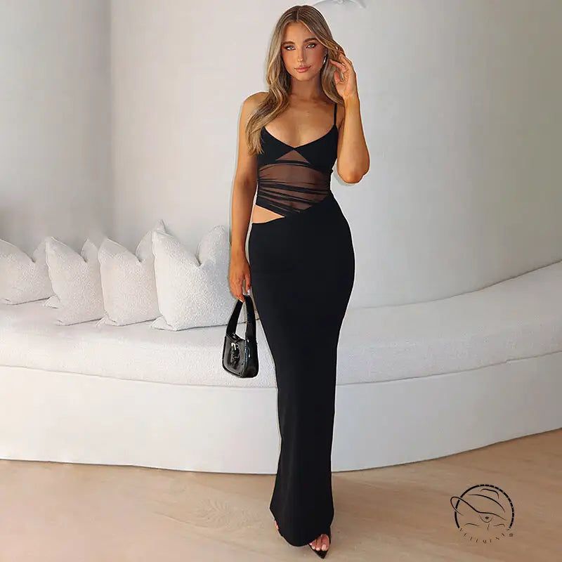 Elegant langry mesh dress in black floor-length fashion with sheer cutouts