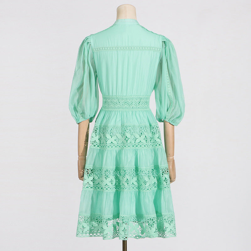 Elegant mint green puff sleeve short dress with lace embroidery