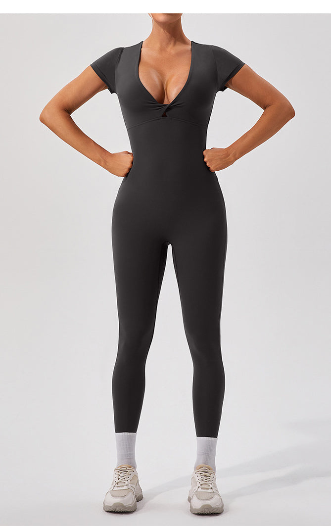 Sleek dark gray langry fashion yoga bodysuit with v-neck