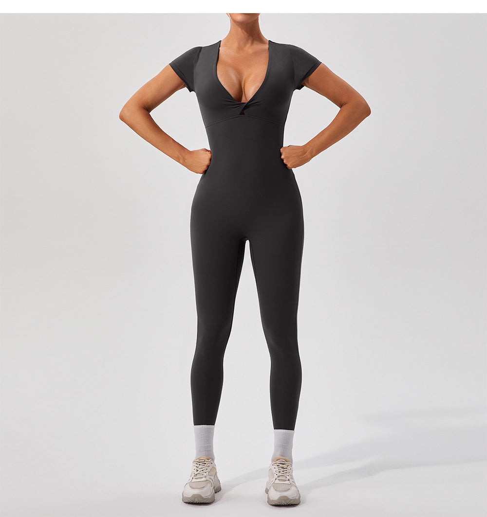 Sleek dark gray langry fashion yoga bodysuit with v-neck