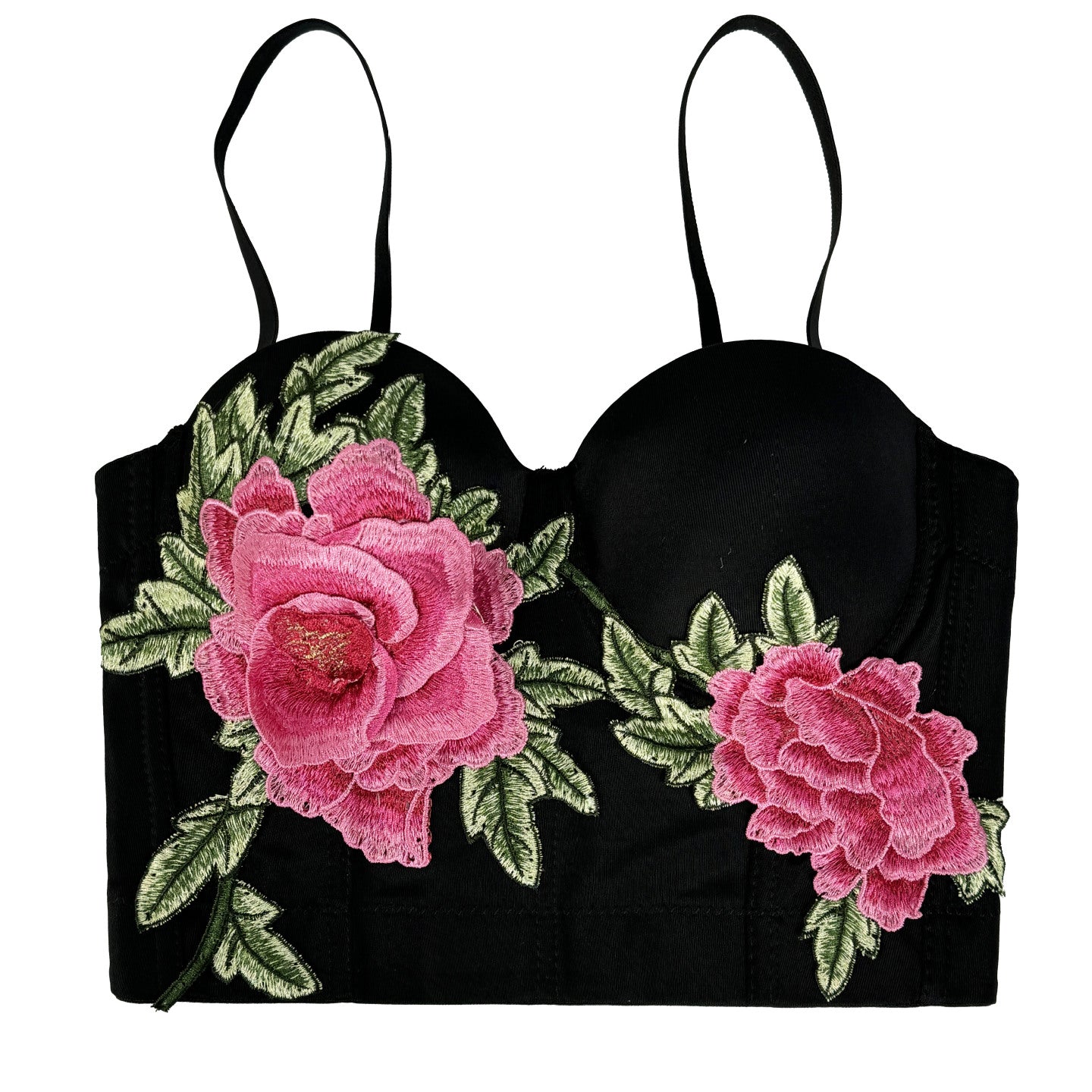 Black embroidered floral camisole top with pink roses and green leaves