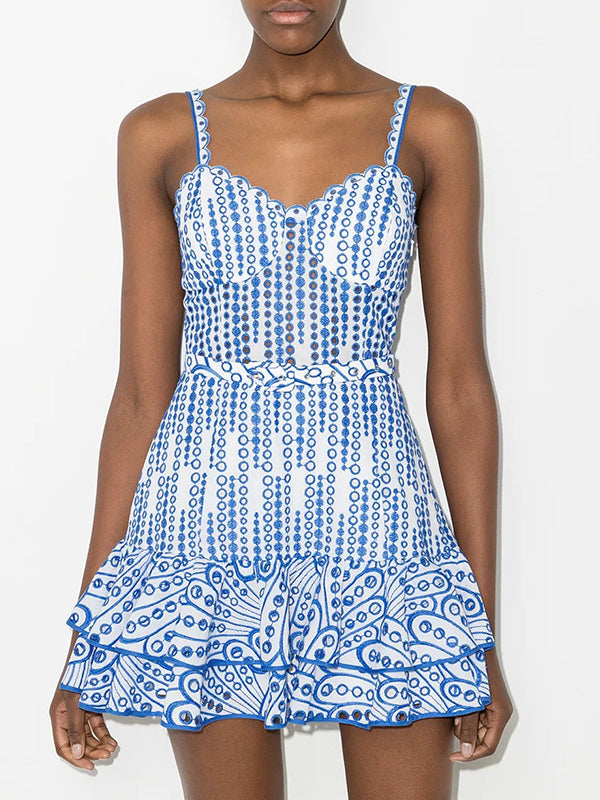Blue and white paisley sundress with spaghetti straps in fashionable summer style