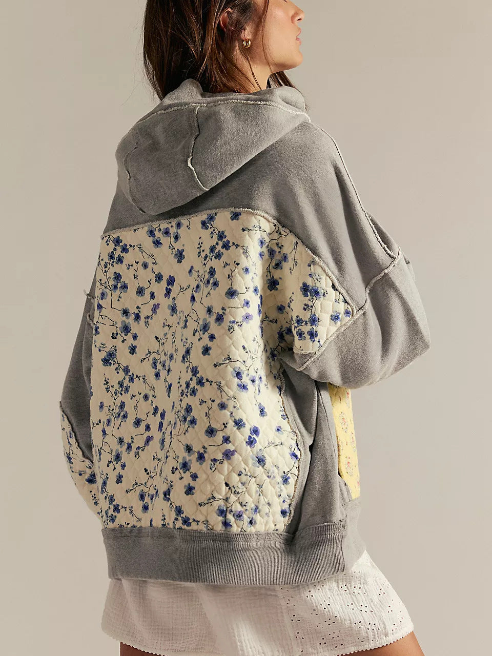 Langry beige and gray floral hooded embroidery sweater, fashion ملابس